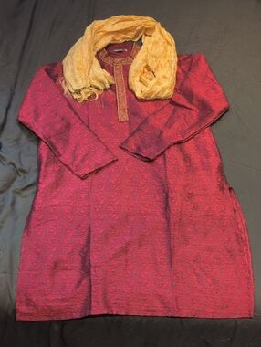 Men's Red Patterned Dress Shirt with Gold Embroidered Trim
